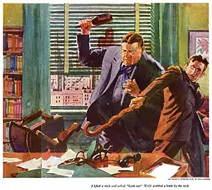 A watercolor illustration depicts two men standing behind a desk. Their eyes are intent upon the center drawer. The desk chair is overturned. The larger of the two men holds a brown bottle aloft in his right hand, preparing to strike downward. A younger, slender man leans backward warily, and extends a curved walking stick toward the desk drawer.