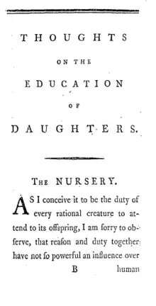 Page reads ""THOUGHTS ON THE EDUCATION OF DAUGHTERS. THE NURSERY. As I conceive it to be the duty of every rational creature to attend to its offspring, I am sorry to observe, that reason and duty together have not so powerful an influence over human"