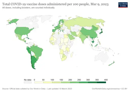 COVID-19 vaccine doses administered per 100 people by country. The date is on the map. Commons source.