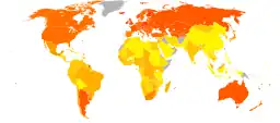 (Left) A world map with countries colored to reflect the food energy consumption of their people in 1961. North America, Europe, and Australia have relatively high intake, while Africa and Asia consume much less.