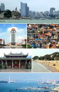 From top: Xiamen's CBD, Xiamen University, colonial houses on Gulangyu Island, South Putuo Temple, beach on Gulangyu Island and Haicang Bridge