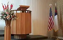 A modern pulpit on the chancel of a Presbyterian Church in California