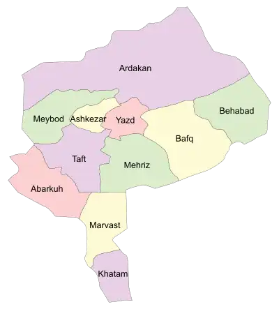 Location of Marvast County in Yazd province (bottom, yellow)