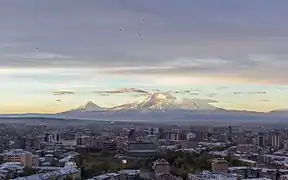 Yerevan skyline with Opera House at dawn