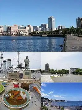 Top:View of downtown Yokosuka from Verny Seaside Park, Middle:Mikasa Battleship Monument  and Heihachirō Togō Statue, Kurihama Matthew Perry Park, Bottom:Yokosuka Naval Curry, Kannon Cape and seaside park (all item for left to right)