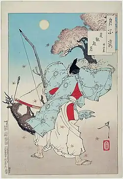 Ukiyo-e by Tsukioka Yoshitoshi depicting Minamoto no Tsunemoto hunting a sika deer with a yumi.