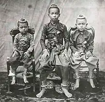 Photograph of Prince Chulalongkorn (Rama V) and his two younger brother wearing Pha chung hang in 1851