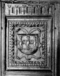 Panel in hall, left of fireplace, depicts the arms of Owain Gwynedd (1100–1170), king of Gwynedd.