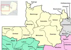 Map of Zambia showing North-Western Province with its districts