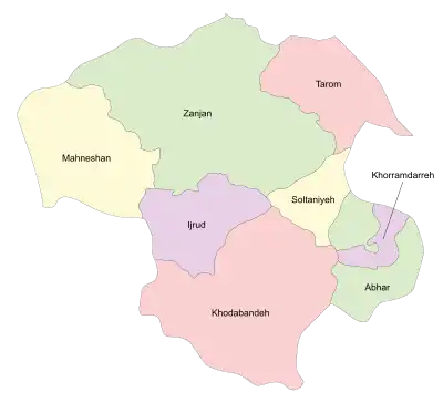 Location of Soltaniyeh County in Zanjan province (right, yellow)