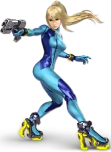 A computer-generated image of a woman wearing a tight-fitting blue suit.