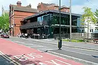 The Zero Degrees brew-pub on Bridge Street; the Holy Brook passes under the patch of grass to the right