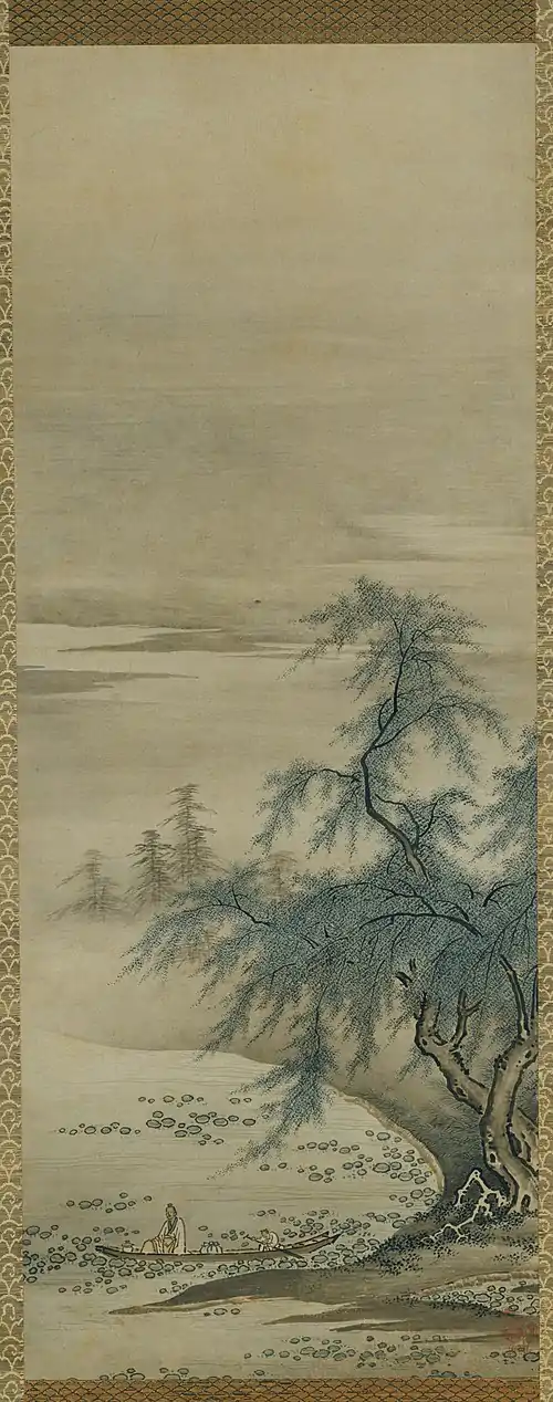 "Zhou Maoshu Appreciating Lotuses", a hanging scroll by Kanō Masanobu