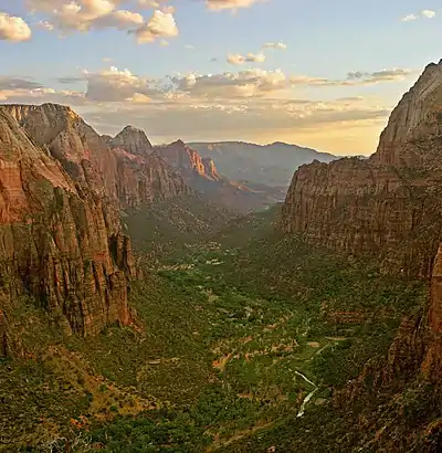 Zion Canyon at sunset in Zion National Park as seen from Angels Landing looking south.