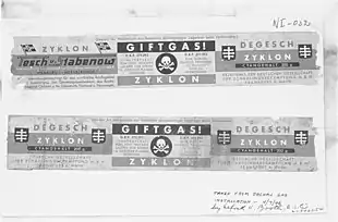 Zyklon B used at Dachau concentration camp. "Poison Gas! Cyanide preparation to be opened and used only by trained personnel" is found at the center of both labels. They were shown at the Nuremberg Trials.