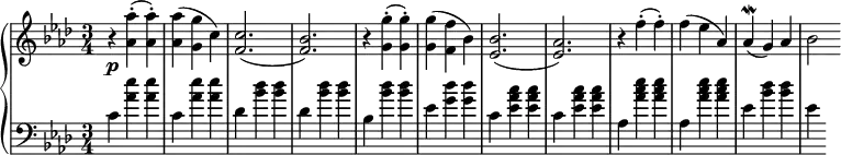 
 \relative c' {
  \new PianoStaff <<
   \new Staff { \key f \minor \time 3/4
    \tempo \markup {
     \column {
   }
    }
    r <aes' aes'>-.( <aes aes'>-.) <aes aes'>( <g g'> c) <c f,>2.( <bes f>) r4 <g g'>4-.( <g g'>-.) <g g'>( <f f'> bes) <bes ees,>2.( <aes ees>) r4 f'4-.( f-.) f ( ees aes,) aes\mordent( g) aes bes2
   }
   \new Dynamics {
    s\p
    }
   \new Staff { \key f \minor \time 3/4 \clef bass
    c, 4 <aes' ees'> <aes ees'> c, <aes' ees'> <aes ees'> des, <bes' des> <bes des> des, <bes' des> <bes des> bes, <bes' des> <bes des> ees, <g des'> <g des'> c, <ees c' aes> <ees c' aes> c <ees c' aes> <ees c' aes> aes, <aes' ees' c> <aes ees' c> aes, <aes' ees' c> <aes ees' c> ees <bes' des> <bes des> ees,
   }
  >>
 }
