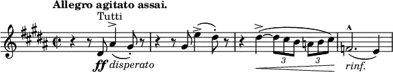 \relative c' { \set Staff.midiInstrument = #"string ensemble 2" \set Score.tempoHideNote = ##t \tempo "Allegro agitato assai." 2 = 100 \time 2/2 \key b \major r4 r8 dis8\ff^\markup { Tutti } ais'4^>_\markup { \italic disperato }( gis8-.) r8 | r4 r8 gis8 e'4->( dis8-.) r8 | r4 dis4^>~(\< \times 2/3 { dis8[ cis b] } \times 2/3 { a[ b cis)]\! } | f,2.^^_\markup { \italic rinf. }( e4) }