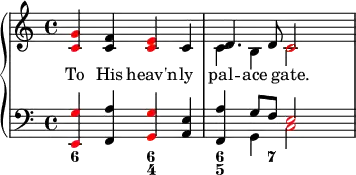 
    {
\override Score.SpacingSpanner.strict-note-spacing = ##t
\set Score.proportionalNotationDuration = #(ly:make-moment 1/8)
      \new PianoStaff <<
        \new Staff <<
            \new Voice \relative c' {
                \clef treble \time 4/4
                \once \override NoteHead.color = #red <c g'>4 <c f> \once \override NoteHead.color = #red <c e> c 
                \stemDown c4 b \once \override NoteHead.color = #red c2
                }
               \addlyrics { To His heav'n -- ly pal -- ace gate. }
            \new Voice \relative c' {
                s1 \stemUp d4. d8 \once \override NoteHead.color = #red c2
                }
            >>
        \new Staff <<
            \new Voice \relative c, {
                \clef bass \time 4/4
                \once \override NoteHead.color = #red <e g'>4  <f a'> \once \override NoteHead.color = #red <g g'> <a e'> 
                <f a'> \stemDown g \once \override NoteHead.color = #red c2
                }
            \new Voice \relative c' {
                s1 s4 \stemUp g8 f \once \override NoteHead.color = #red e2
                }
  \figures {
    <6>2 <6 4>2 <6 5>4. <7>8
  }
            >>
    >> }
