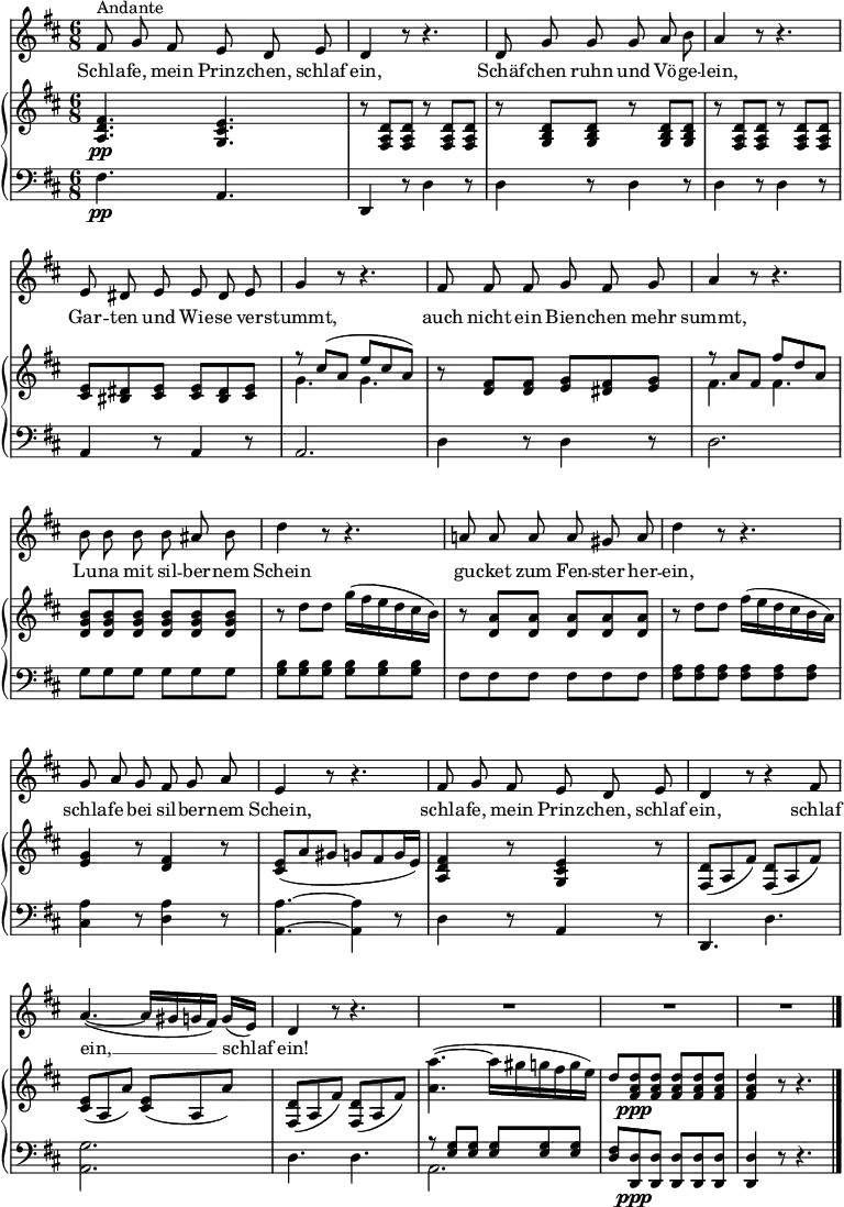 
\header { tagline = ##f }
\layout { indent = 0\cm \context { \Score \remove "Bar_number_engraver" } }

global = {
  \key d \major
  \time 6/8
% \tempo "Andante"
}

sopranoVoice = \relative c'' { \set Score.tempoHideNote = ##t \tempo 4. = 52
  \global
  \dynamicUp \autoBeamOff
  fis,8^"Andante" g fis e d e | d4 r8 r4. |
  d8 g g g a b | a4 r8 r4. |
  e8 dis e e dis e | g4 r8 r4. |
  fis8 fis fis g fis g | a4 r8 r4. |
  b8 b b b ais b | d4 r8 r4. |
  a!8 a a a gis a | d4 r8 r4. |
  g,8 a g fis g a | e4 r8 r4. |
  fis8 g fis e d e | \tempo 4. = 48 d4 r8 r4 fis8 |
  a4.~ (a16 [gis g fis]) g ([e]) | \tempo 4. = 52 d4 r8 r4. | R2.*3 | \bar "|."
}

verse = \lyricmode {
  Schla -- fe, mein Prinz -- chen, schlaf ein,
  Schäf -- chen ruhn und Vö -- ge -- lein,
  Gar -- ten und Wie -- se ver -- stummt,
  auch nicht ein Bien -- chen mehr summt,
  Lu -- na mit sil -- ber -- nem Schein
  gu -- cket zum Fen -- ster her -- ein,
  schla -- fe bei sil -- ber -- nem Schein,
  schla -- fe, mein Prinz -- chen, schlaf ein,
  schlaf ein, __ schlaf ein!
}

rightOne = \relative c'' {
  \global
  <a, d fis>4.\pp <g cis e> | r8 <fis a d>8 <fis a d> r8 <fis a d> <fis a d> |
  r <g b d> <g b d> r8 <g b d> <g b d> | r8 <fis a d> <fis a d> r8 <fis a d> <fis a d> |
  <cis' e> <bis dis> <cis e> <cis e> <bis dis> <cis e> | r8 cis' (a e' cis a) |
  r8 <d, fis> <d fis> <e g> <dis fis> <e g> | r8 a fis fis' d a |
  <d, g b> <d g b> <d g b> <d g b> <d g b> <d g b> | r8 \stemDown d' d g16 (fis e d cis b) |
  r8 \stemNeutral <d, a'> <d a'> <d a'> <d a'> <d a'> | r8 d' d fis16 (e d cis b a) |
  <e g>4 r8 <d fis>4 r8 | \slurDown <e cis> (a gis g fis g16 e) |<a, d fis>4 r8 <g cis e>4 r8 |
  <fis d'> (a fis') <fis, d'> (a fis') | <cis e> (a a') <cis, e> (a a') | <fis, d'> (a fis') <fis, d'> (a fis') |
  \slurUp <a a'>4.~ (a'16 gis g fis g e) | d8 <d a fis>\ppp <d a fis> <d a fis> <d a fis> <d a fis> | <d a fis>4 r8 r4. |
}

rightTwo = \relative c'' {
  \global
  s4. s4. | r8 s4 r8 s4 | r8 s4 r8 s4 | r8 s4 r8 s4 | s4. s4. g4. g4. |
  r8 s4 s4. | fis4. fis4. | s4. s4. | r8 s4 s4. | r8 s4 s4. | r8 s4 s4. | s4 r8 s4 r8 |
  s2. | s4 r8 s4 r8 | s2. | s2. | s2. | s2. | s2. | s4 r8 r4. |
}

leftOne = \relative c {
  \global
  \stemNeutral fis4.\pp a, | d,4 r8 d'4 r8 | d4 r8 d4 r8 | d4 r8 d4 r8 |
  a4 r8 a4 r8 | a2. | d4 r8 d4 r8 | d2. |
  g8 g g g g g | <b g> <b g> <b g> <b g> <b g> <b g> |
  fis fis fis fis fis fis | <a fis> <a fis> <a fis> <a fis> <a fis> <a fis> |
  <a cis,>4 r8 <a d,>4 r8 | <a a,>4.~ <a a,>4 r8 | d,4 r8 a4 r8 | d,4. d'4. |
  <g a,>2. | d4. d4. | r8 \stemUp <g e> <g e> <g e> <g e> <g e> | <fis d> <d d,>\ppp <d d,> <d d,> <d d,> <d d,> | <d d,>4 r8 r4. |
}

leftTwo = \relative c' {
  \global
  s2. | s4 r8 s4 r8 | s4 r8 s4 r8 | s4 r8 s4 r8 |
  s4 r8 s4 r8 | s2. | s4 r8 s4 r8 | s2. | s2. | s2. | s2. | s2. |
  s4 r8 s4 r8 | s4. s4 r8 | s4 r8 s4 r8 | s2. | s2. | s2. | a,2. | s2. | s4 r8 r4. |
}

sopranoVoicePart = \new Staff \with {
  midiInstrument = "clarinet"
} { \sopranoVoice }
\addlyrics { \verse }

instrPart = \new PianoStaff <<
  \new Staff = "right" \with {
    midiInstrument = "acoustic guitar (nylon)" \consists "Merge_rests_engraver"
  } << \rightOne \\ \rightTwo >>
  \new Staff = "left" \with {
    midiInstrument = "acoustic guitar (nylon)" \consists "Merge_rests_engraver"
  } { \clef bass << \leftOne \\ \leftTwo >> }
>>
\score {
  <<
    \sopranoVoicePart
    \instrPart
  >>
  \layout { }
  \midi { }
}
