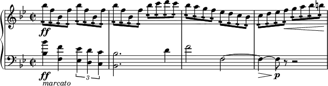 
{ \new PianoStaff <<
\new Staff \relative bes'' { \set Staff.midiInstrument = #"piano" \key bes \major \clef treble \time 2/2 \set Score.tempoHideNote = ##t \tempo 2 = 60
  bes8 \ff :16 f8 :16 bes,8 :16
  f'8 :16 bes8 :16 f8 :16 bes,8 :16 f'8 :16 | % 2
  bes8 :16 f8 :16 bes,8 :16 f'8 :16 bes8 :16 c8 :16 d8 :16 c8 :16 | % 3
  bes8 :16 a8 :16 g8 :16 f8 :16 es8 :16 d8 :16 c8 :16 bes8 :16 | % 4
  c8 :16 d8 :16 es8 :16 f8 \< :16 g8 :16 a8 :16 bes8 :16 b8 :16 \!
  }
\new Staff \relative bes { \set Staff.midiInstrument = #"piano" \key bes \major \clef bass \time 2/2
  <bes bes'>4 \ff _\markup{ \italic {marcato} } <f f'>4 \times 2/3 {
    <es es'>4 <d d'>4 <c c'>4
  }
  | % 2
  <bes bes'>2. d'4 | % 3
  f2 f,2 ~ | % 4
  f4 \> ~ f8 \! \p r8 r2 }
>> }
