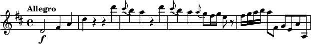 
\relative c' {
  \tempo "Allegro"
  \key d \major
  d2\f fis4 a |
  d4 r r d' |
  \appoggiatura cis8 b4 a r d |
  \appoggiatura cis8 b4 a \appoggiatura a8 g fis16 g e8 r |
  fis16 g a b a8 fis, g[ e a a,]
}
