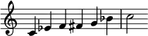  {
\override Score.TimeSignature #'stencil = ##f
\relative c' { 
  \clef treble \time 6/4
  c4 es f fis g bes c2
} }
