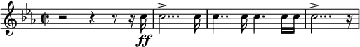 
\relative c {
  \new PianoStaff <<
    \new Staff {
      \set Staff.midiInstrument = #"trumpet" \relative c'' \key c \minor \clef treble \time 2/2 \set Score.tempoHideNote = ##t \tempo 2 = 55
      r2 r4 r8 r16 c''16 \ff |
      c2...-> c16 |
      c4.. c16 c4. c16 c16 |
      c2...-> r16 |
    }
  >>
}
