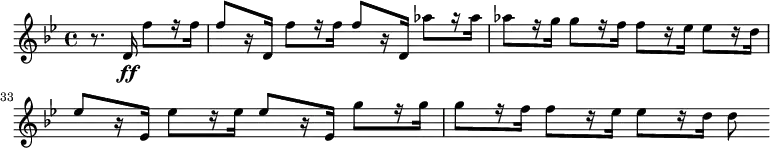 
{
    \relative c' {
        \set Score.currentBarNumber = #31
        \time 4/4 \key bes \major
        \partial2 r8. d16\ff f'8[ r16 f]
        f8[ r16 d,] f'8[ r16 f] f8[ r16 d,] aes''8[ r16 aes]
        aes8[ r16 g] g8[ r16 f] f8[ r16 es] es8[ r16 d]
        es8[ r16 es,] es'8[ r16 es] es8[ r16 es,] g'8[ r16 g]
        g8[ r16 f] f8[ r16 es] es8[ r16 d] d8
    }
}
