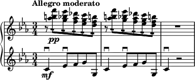 
\relative c''' {
  \new PianoStaff <<
    \new Staff {
      \set Staff.midiInstrument = #"piano" \key c \minor \clef treble \time 3/4 \set Score.tempoHideNote = ##t \tempo "Allegro moderato" 4 = 120
      r8 <as b f'>8:16 \pp <g bes es>8:16 <f as des>8:16 <es g c>8:16 <d f b>8:16 |
      r8 <as' b f'>8:16 <g bes es>8:16 <f as des>8:16 <es g c>8:16 <d f b>8:16 |
      R2. |
    }
    \new Staff {
      \clef treble \key c \minor
      c,4 \downbow \mf es8 \downbow f8 g8 g,8 |
      c4 \downbow es8 \downbow f8 g8 g,8 |
      c4 \downbow r2 |
    }
  >>
}
