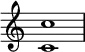   {
\override Score.TimeSignature #'stencil = ##f
\relative c' {
  \clef treble \key c \major \time 4/4
  <c c'>1
} }
