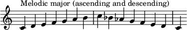  {
\override Score.TimeSignature #'stencil = ##f
\relative c' { 
  \clef treble \time 7/4
  c4^\markup { Melodic major (ascending and descending) }  d e f g a b  c bes aes g f e d c
} }
