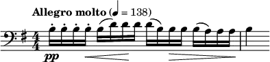  \relative c' { \set Staff.midiInstrument = #"cello" \clef bass \key e \minor \tempo "Allegro molto" 4 = 138 \numericTimeSignature \time 4/4 b16-.\pp b-. b-. b-.\< b( d) d\! d d( b) b\> b b( a) a a\! | b4 } 