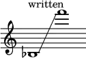 
    {
      \new Staff \with { \remove "Time_signature_engraver" }
      \clef treble \key c \major ^ \markup "written" \cadenzaOn
      bes1 \glissando f'''1
    }
  