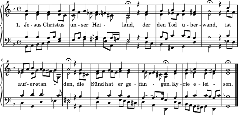 
{ \new PianoStaff <<
  \new Staff <<
    \new Voice \relative c'' { \set Staff.midiInstrument = "church organ" \set Score.tempoHideNote = ##t \tempo 4 = 64 \voiceOne \clef treble \key g \dorian \time 4/4
     g4 f f g | a g f e | d2\fermata r4
     f4 | g a g fis | g2\fermata r4
     c4 | g8 a bes4 a g | a2\fermata r4
     g4 | f g a g | f e d\fermata
     f4 | g a g fis | g1\fermata \bar "|." }
     \addlyrics { \set stanza = "1. " Je -- sus Chri -- stus un -- ser Hei - land,
der den Tod ü -- ber -- wand,
ist auf - er -- stan - den,
die Sünd hat er ge -- fan - gen.
Ky -- rie e -- lei - son.  }
    \new Voice \relative c' { \voiceTwo d4 d d d8 c | c f4 es8 d4. cis8 | a2 r4
    d4 | d es8 d d4 d | d2 r4
    g8 f | es4 d8 g g[ fis] g g, | d'2 r4 
    d8 cis | d[ f] f e f4 e | e8 d4 cis8 a4 
    d4 | d es d d | d1 }
  >>
  \new Staff <<
    \new Voice \relative c' { \set Staff.midiInstrument = "church organ" \clef bass \key g \dorian \time 4/4 \voiceOne 
    bes4 bes a8 bes g4 | f8 a bes4 b e,8 a16 g | f2 r4
    a4 | bes8 g c4 c8 bes a4 | bes2 r4
    c4 | c d d4. c8 | fis,2 r4
    bes4 | a c c bes | a~ a8. g16 f4
    a | bes c c8[ bes] a c | b1 }
    \new Voice \relative c { \voiceTwo g8[ a] bes c d4 e | f g gis a8 a, | d2 r4
    d8 c | bes4 fis g d' | g,2 r4
    es'8 d | c4 g d' es | d2 r4
    g,4 | d' c f8[ e] d cis | d4 a d,
    d'8 c | bes[ a] g fis g4 d | g1 }
   >> >> }
