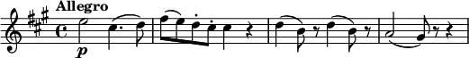 
\new Score {
  \new Staff = "clarinet" {
    \transpose c a
    \relative c'' {
      \set Staff.midiInstrument = #"clarinet"
      \clef treble
      \key c \major
      \time 4/4
      \tempo "Allegro"
      \set Score.tempoHideNote = ##t
      \tempo 4 = 120

      g2\p e4.( f8) | a8( g) f-. e-. e4 r | 
      f4( d8) r f4( d8) r | c2( b8) r r4
    }
  }
}
