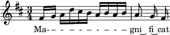 \relative c' { \clef treble \time 3/4 \key d \major \partial 8*5 fis16[ g] a[ d cis b] a[ b a b] | \autoBeamOff a8. g16 fis }  \addlyrics { Ma- – - – - – - – - – gni~ fi~ cat }