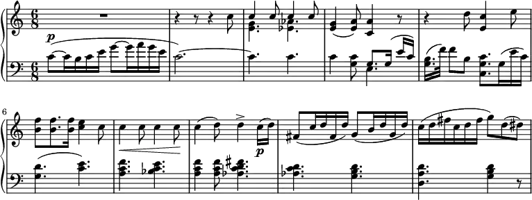 
 \relative c' {
  \new PianoStaff <<
   \new Staff { \key a \minor \time 6/8 \set Score.tempoHideNote = ##t
     \tempo "" 8 = 105
R1*6/8 r4 r8 r4 c'8
    <<
   {c4 c8 c4 c8}
    \\
   {<e, g>4. <ees aes>4.}
    >>
{<e g>4( <e a>8) <c a'>4 r8 r4 d'8 <c e,>4 e8 <b f'> <b f'>8. <b f'>16 <c e>4 c8 c4\< c8 c4 c8\! c4( d8) d4-> c16\p( d) fis,8( c'16 d fis, d') \stemUp g,8( b16 d g, d') \stemNeutral c16( d fis c d fis g8) d( dis)}
   }
   \new Staff { \key a \minor \time 6/8 \clef bass \relative c'
{c8~( ^\markup{ \dynamic p} c16 b c e g8 ~ g16 a g e c2.~) c4. c4. c4 <c g>8
    <<
      \voiceOne { g8.[ g16(] e'[ c)] }
    \\
      \voiceTwo{e,4.}
    >>
\oneVoice <b' g>16.[( f'32]) f8[ b,] <c, g' c>8.[ g'16( e' c)] <g d'>4.( <c e>4.) <a c f>4. <bes c e>4. <a c f>4 <a c f>8 <aes c d fis>4. <aes c d>4. <g b d>4. <d a' d>4. <g b d>4 r8 }
    }
  >>
 }
