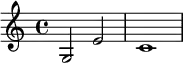 \relative c' { \time 4/4 \key c \major g2 e'2 c1 }