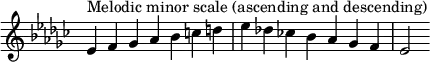  {
\omit Score.TimeSignature \relative c' {
  \key es \minor \time 7/4 es^"Melodic minor scale (ascending and descending)" f ges aes bes c d es des! ces! bes aes ges f es2
} }
