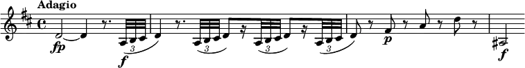 
\relative c' {
  \override Score.NonMusicalPaperColumn #'line-break-permission = ##f
  \key d \major
  \tempo "Adagio"
  \override TupletBracket #'direction = #-1
  \override TupletBracket #'stencil = ##f
  d2~\fp d4 r8. \times 2/3 { a32\f( b cis } |
  d4) r8. \times 2/3 { a32( b cis } d8)[ r16 \times 2/3 { a32( b cis] } d8)[ r16
    \times 2/3 { a32( b cis] } |
  d8) r fis\p r a r d r |
  ais,2\f
}
