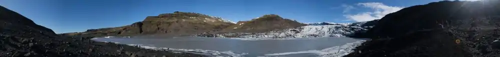 Panorama of Sólheimajökull glacial tongue and the valley leading to it