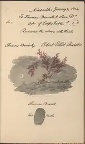 page with Thomas Bewick's fingerprint and text, with print of church at night and red branches overlaid