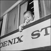 Internees of the Colorado River Relocation Center board trains