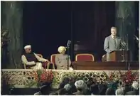 Indian prime minister Morarji Desai listens to Jimmy Carter as he addresses the Indian Parliament House.