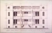 An architectural line drawing of the facade of a building