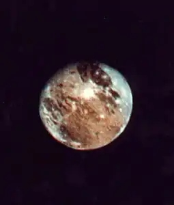 Voyager 2's image of Ganymede taken from a distance of 6,000,000 km (3,800,000 miles) on July 2 1979 during its flyby of Jupiter.