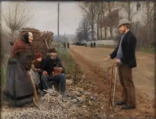 En Landevej or A Highway, 1893, National Gallery of Denmark. Depicts the difficult living conditions of the stonebreakers, who made the foundations of our endless roads, and how the church with its missionaries and high walls cannot help poor people.