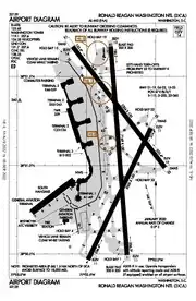 A map with a grid overlay showing the terminals runways and other structures of the airport.