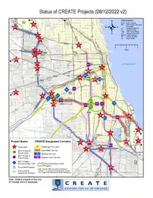 Map of the Chicagoland area with many CREATE projects complete, in progress, or not yet started map